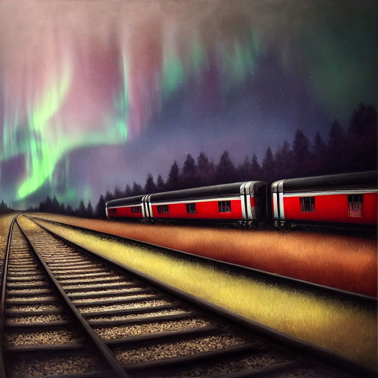Night train journey under vivid aurora borealis hues