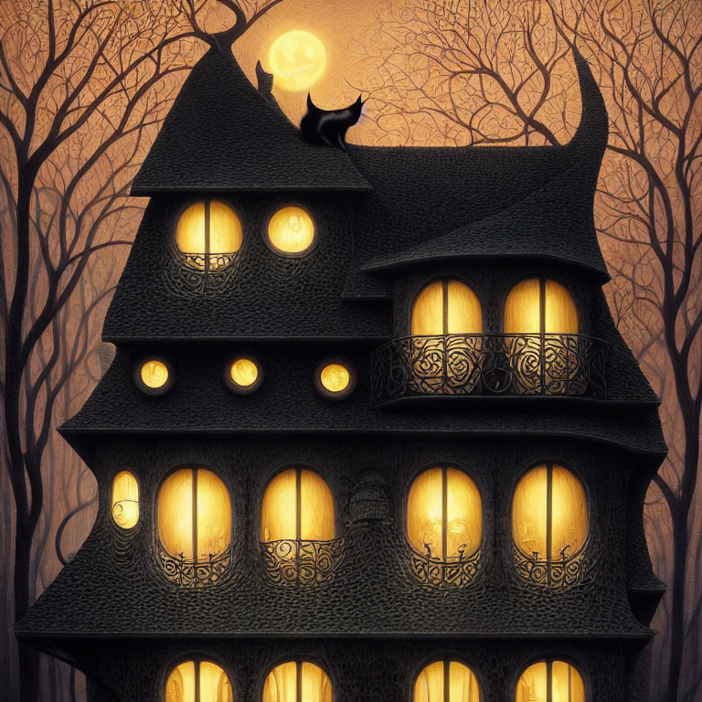 Dark multi-tiered house with lit windows, intricate patterns, black cat, full moon, twisted trees