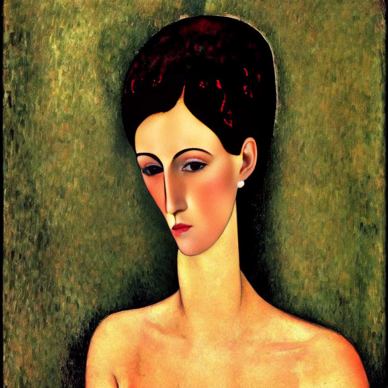 Dark-haired woman with contemplative gaze on green background.