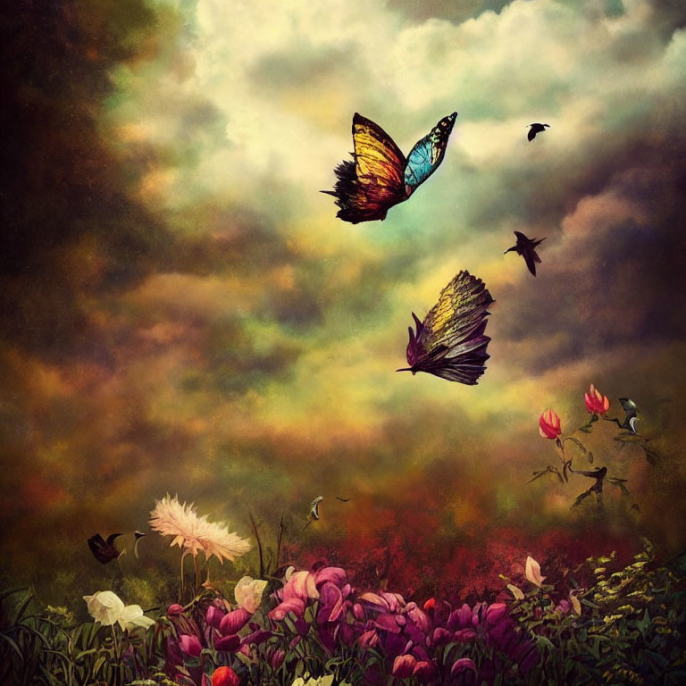 Colorful butterflies over vibrant meadow with dramatic sky
