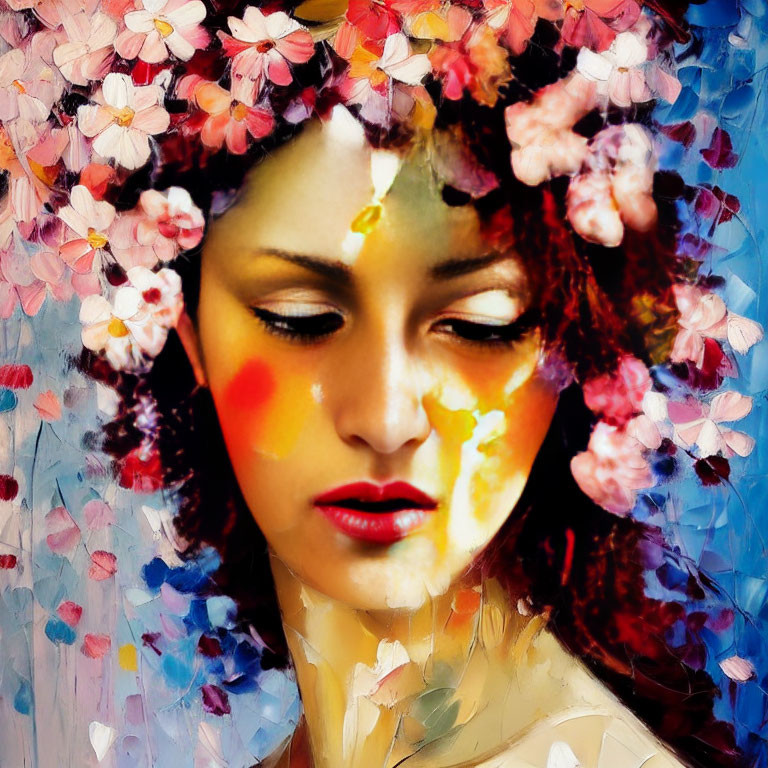Colorful Woman with Floral Crown and Paint Splatter on Vibrant Background