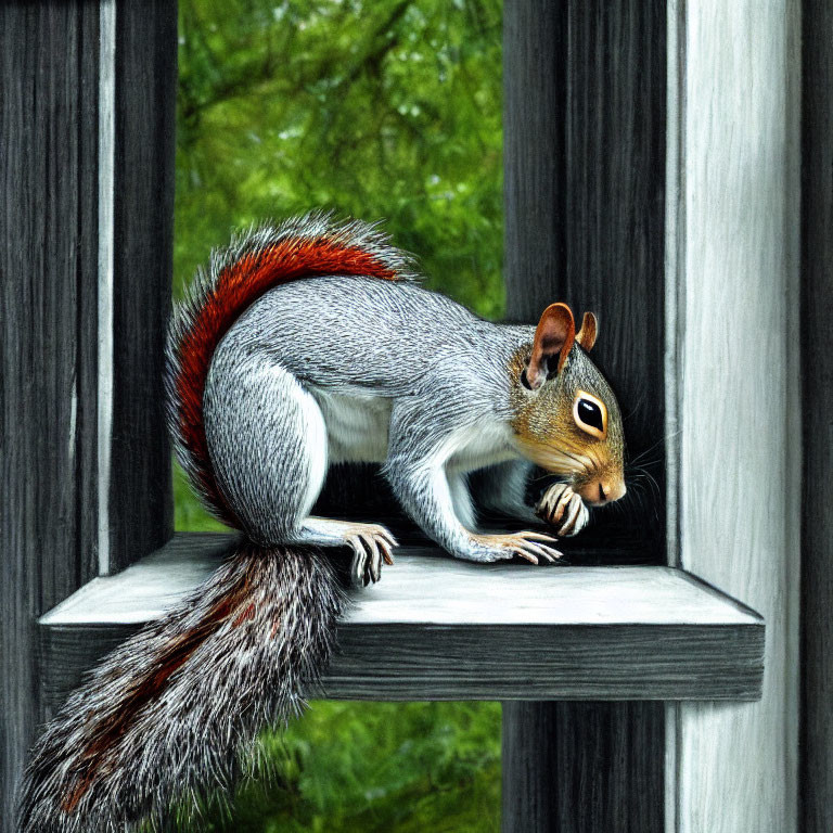 Realistic drawing of squirrel on window ledge with bushy tail amidst green foliage