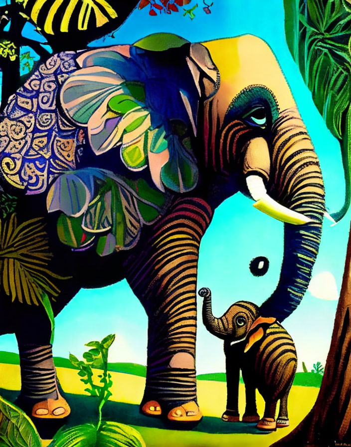 Colorful Artwork of Adult and Baby Elephants under Blue Sky