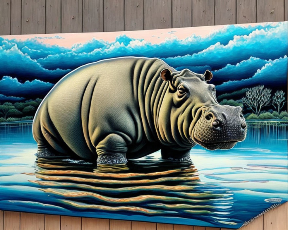 Vivid painting of hippopotamus in water with dramatic sky and wooden backdrop