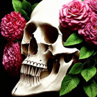 Colorful watercolor painting of skull with open jaw among roses and leaves on dark background