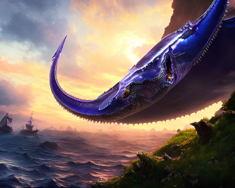 Enormous Blue Sea Serpent Emerges in Ocean Sunset