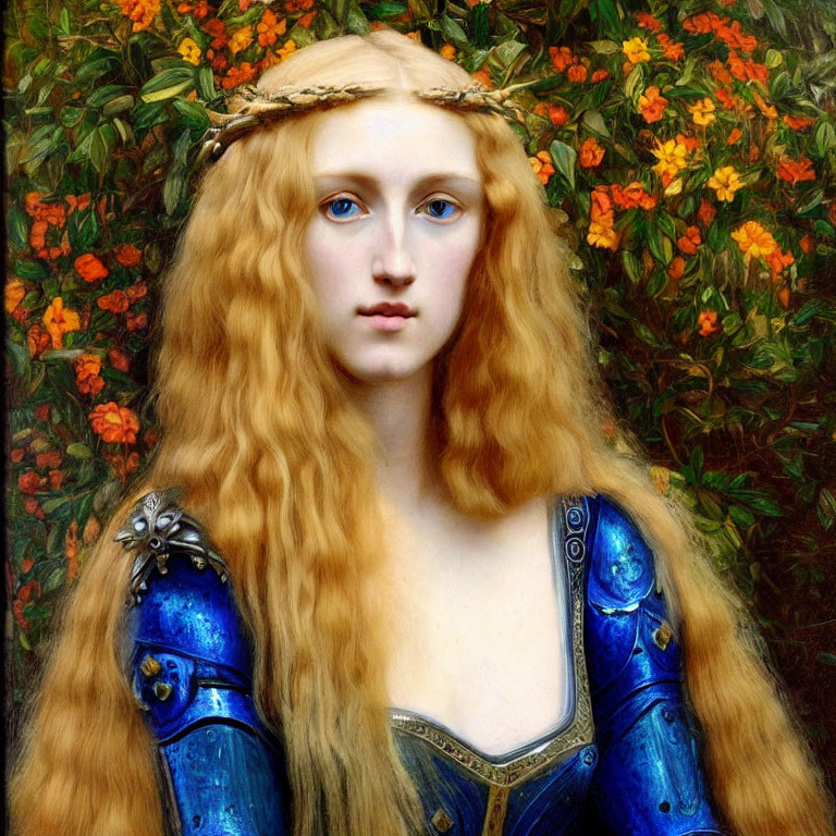Woman with Red Hair and Blue Eyes in Medieval Dress and Laurel Wreath Among Orange Flowers