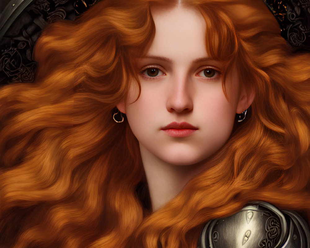 Portrait of Young Woman with Red Hair and Silver Armor on Dark Background