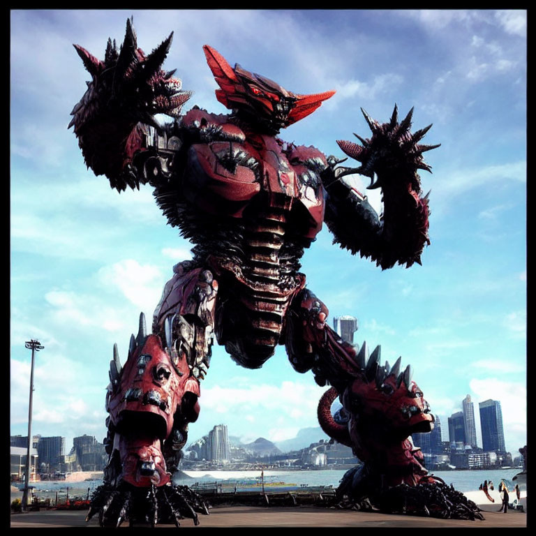 Menacing red and black robot with spikes in city setting