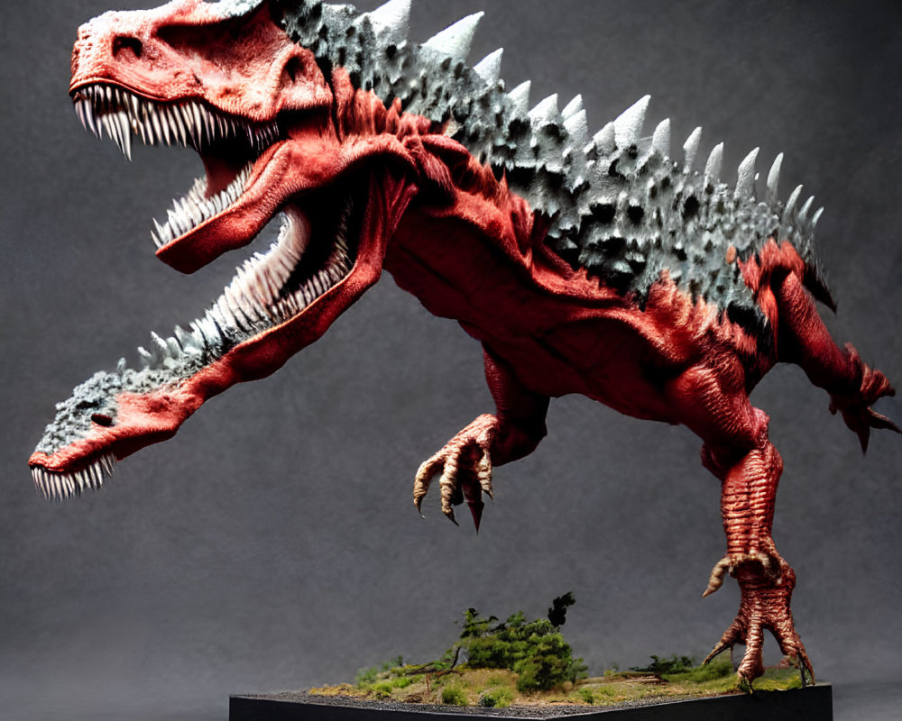 Detailed Red Tyrannosaurus Rex Model with Sharp Teeth and Spinal Ridges on Grass Base