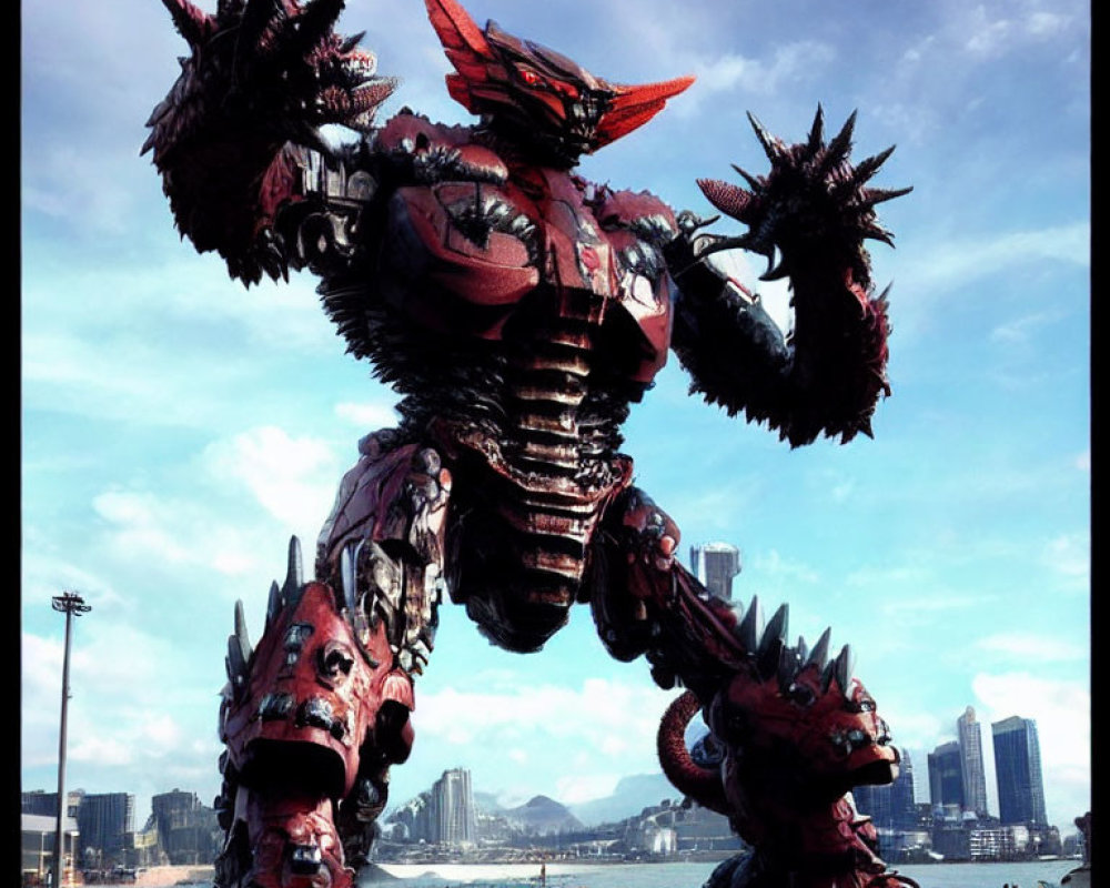 Menacing red and black robot with spikes in city setting