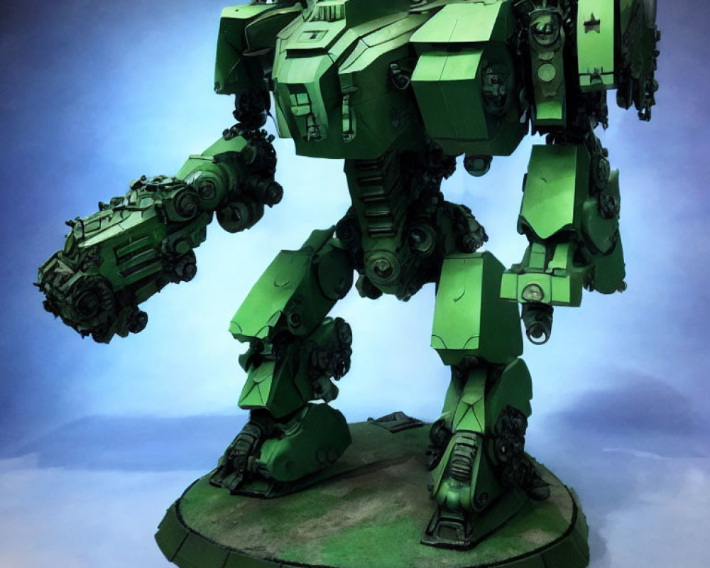 Green Mech Robot Model with Heavy Armor and Cannon on Right Arm on Blue Backdrop
