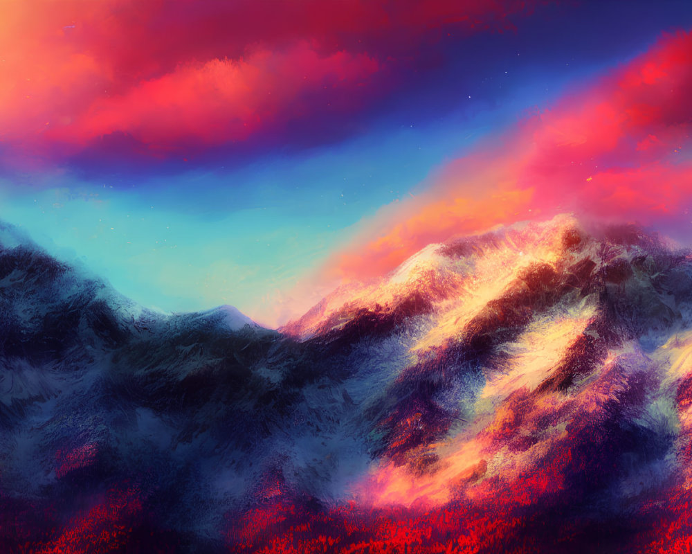 Colorful sunset sky over snowy mountains and autumn forest.