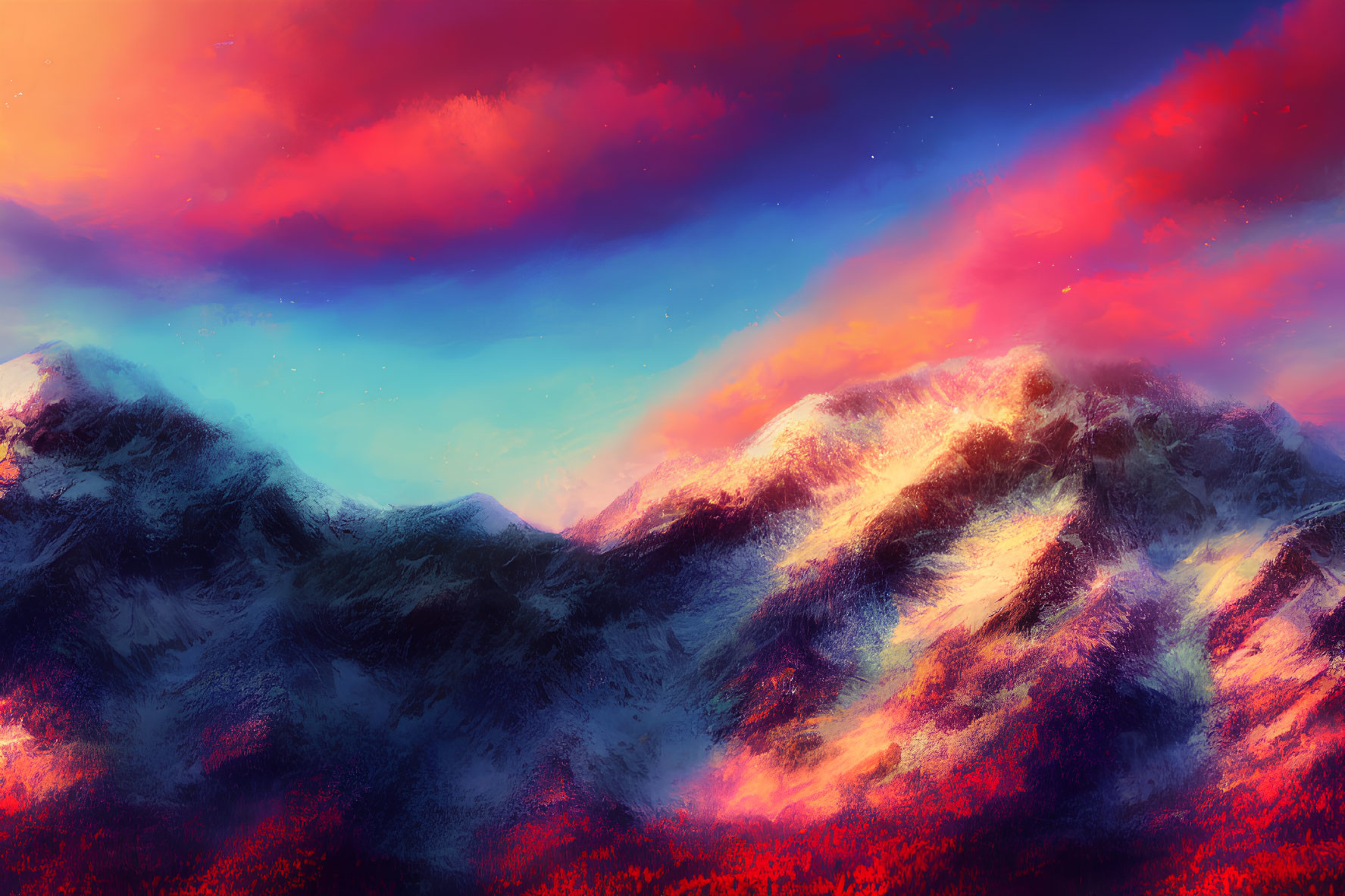 Colorful sunset sky over snowy mountains and autumn forest.