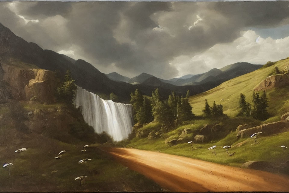 Scenic pastoral landscape with waterfall, dirt path, mountains, sheep, and clouds
