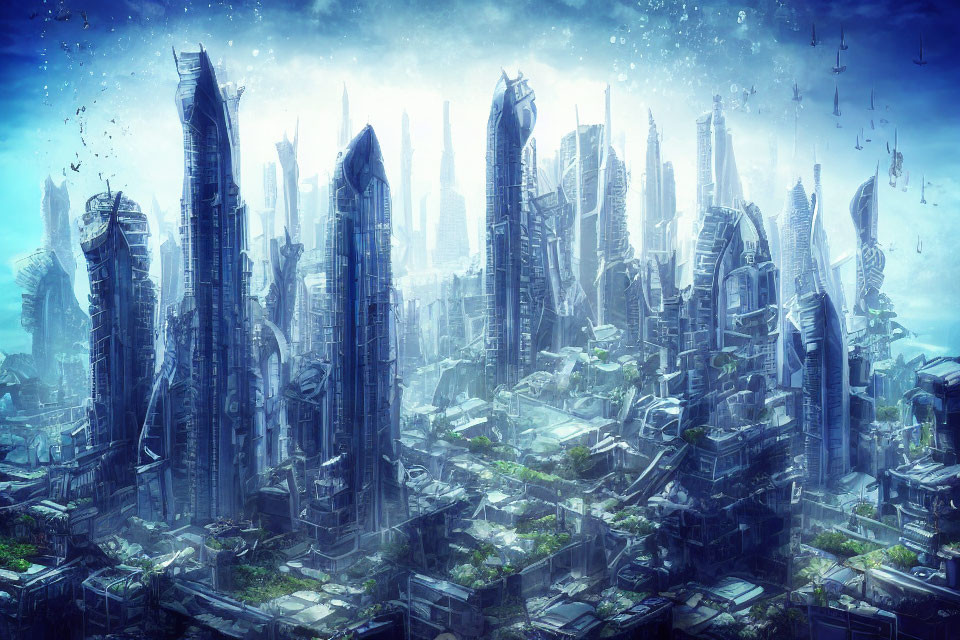 Futuristic cityscape with towering skyscrapers and advanced architecture in a blue-hued atmosphere.