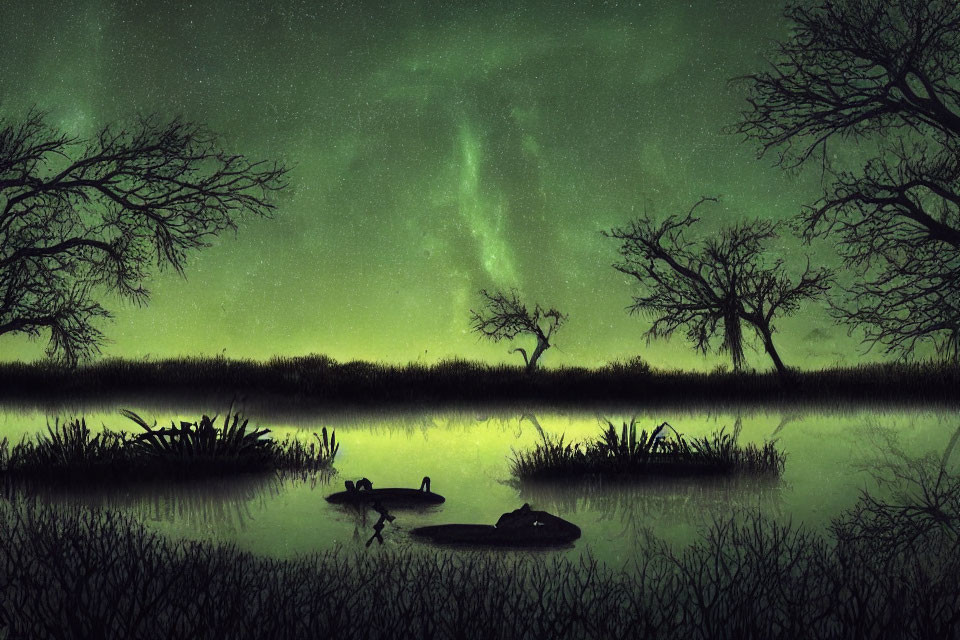 Tranquil nightscape with aurora borealis, trees, lake reflections, and hippos.