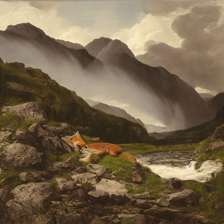 Tranquil landscape with fox by stream and mountains
