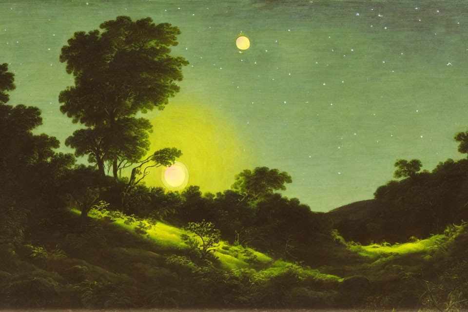 Serene Night Landscape with Moon, Stars, and Fireflies