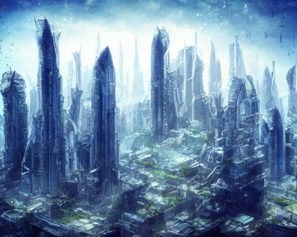 Futuristic cityscape with towering skyscrapers and advanced architecture in a blue-hued atmosphere.