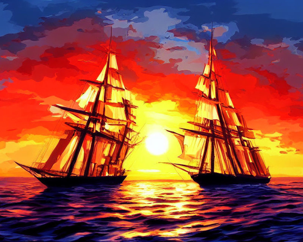 Tall ships sailing at sunset with vibrant reds and oranges reflected on the sea