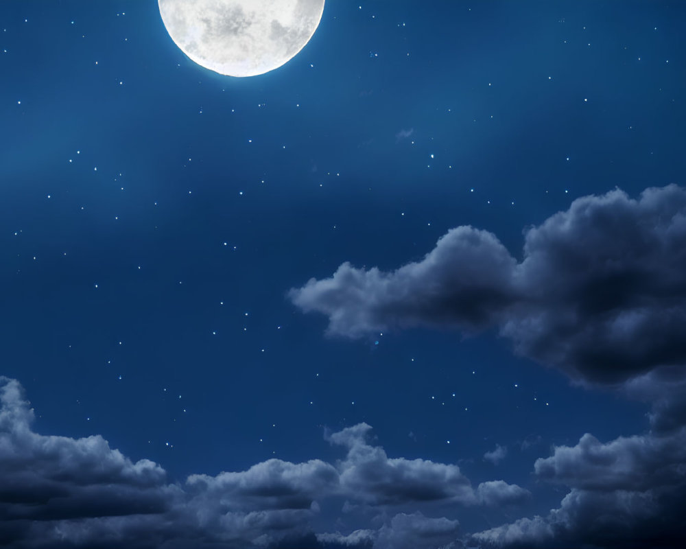 Night Sky with Full Moon and Stars Peeking Through Clouds