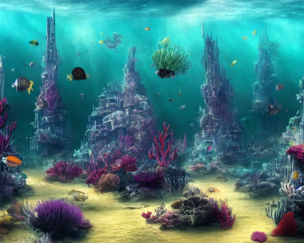 Vibrant coral, fish, and ruins in underwater scene