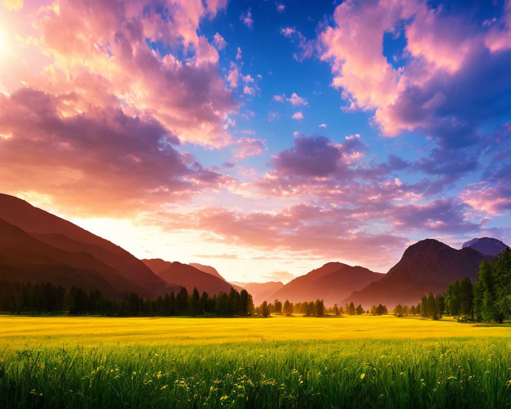 Scenic sunrise over lush meadow and mountains in pink and blue sky