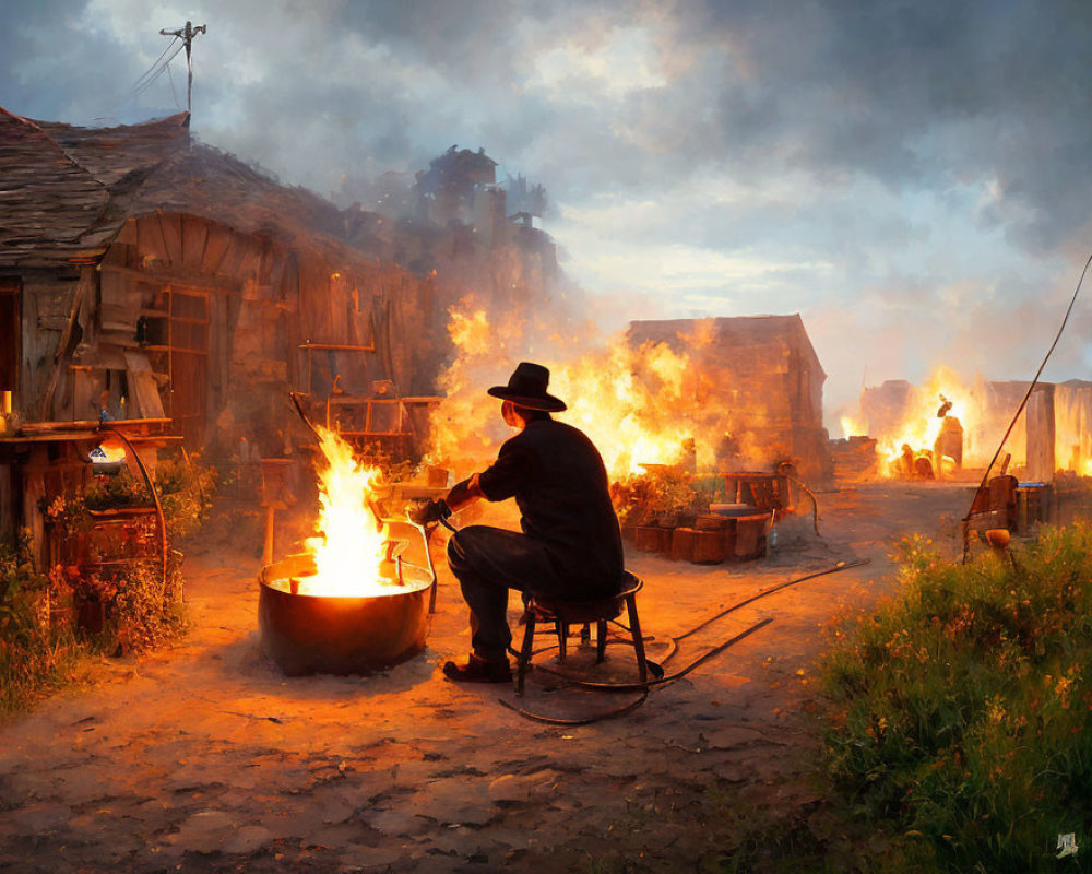 Man in hat by large cauldron with fire and flaming backdrop