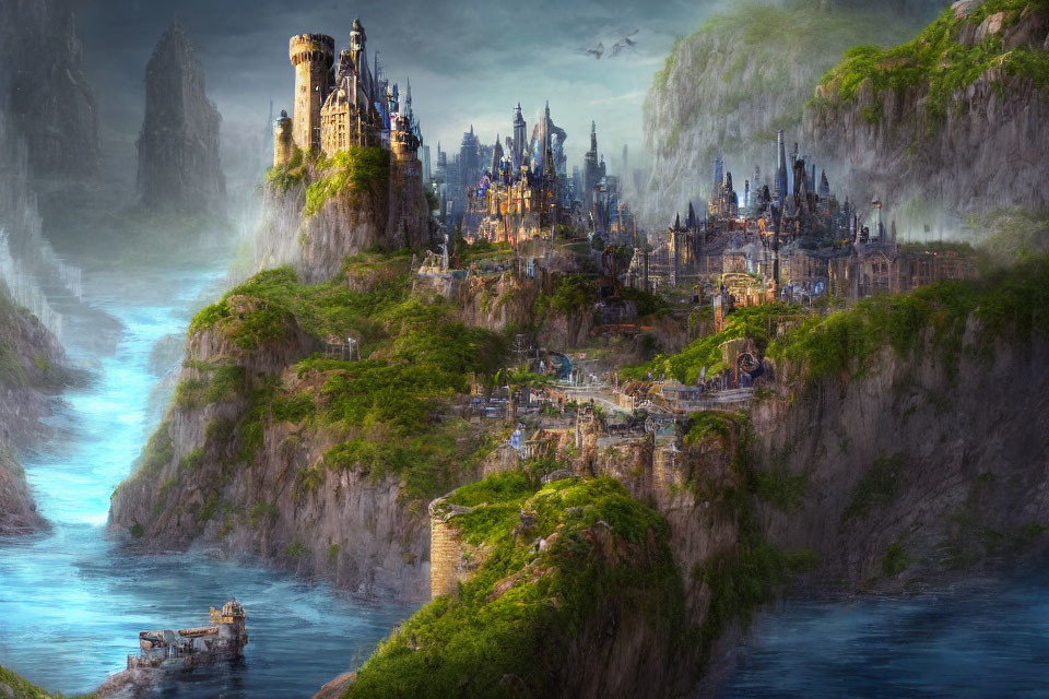Majestic fantasy landscape with castles, waterfalls, river, and lush cliffs