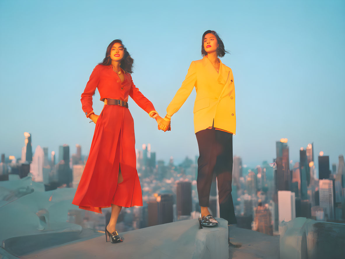 Two women in red and yellow outfits on rooftop at sunset