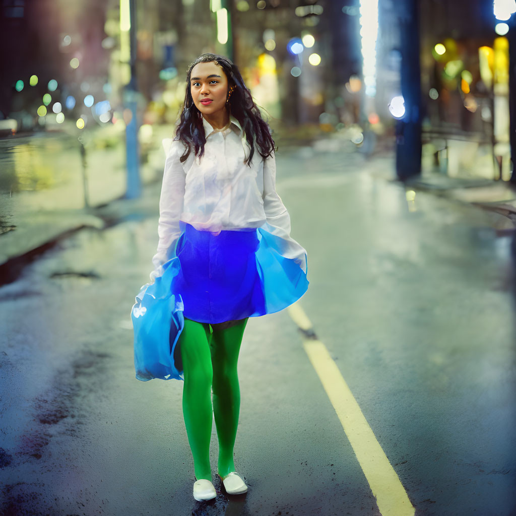 Young woman in white blouse and blue skirt stands in wet street at night with city lights in background
