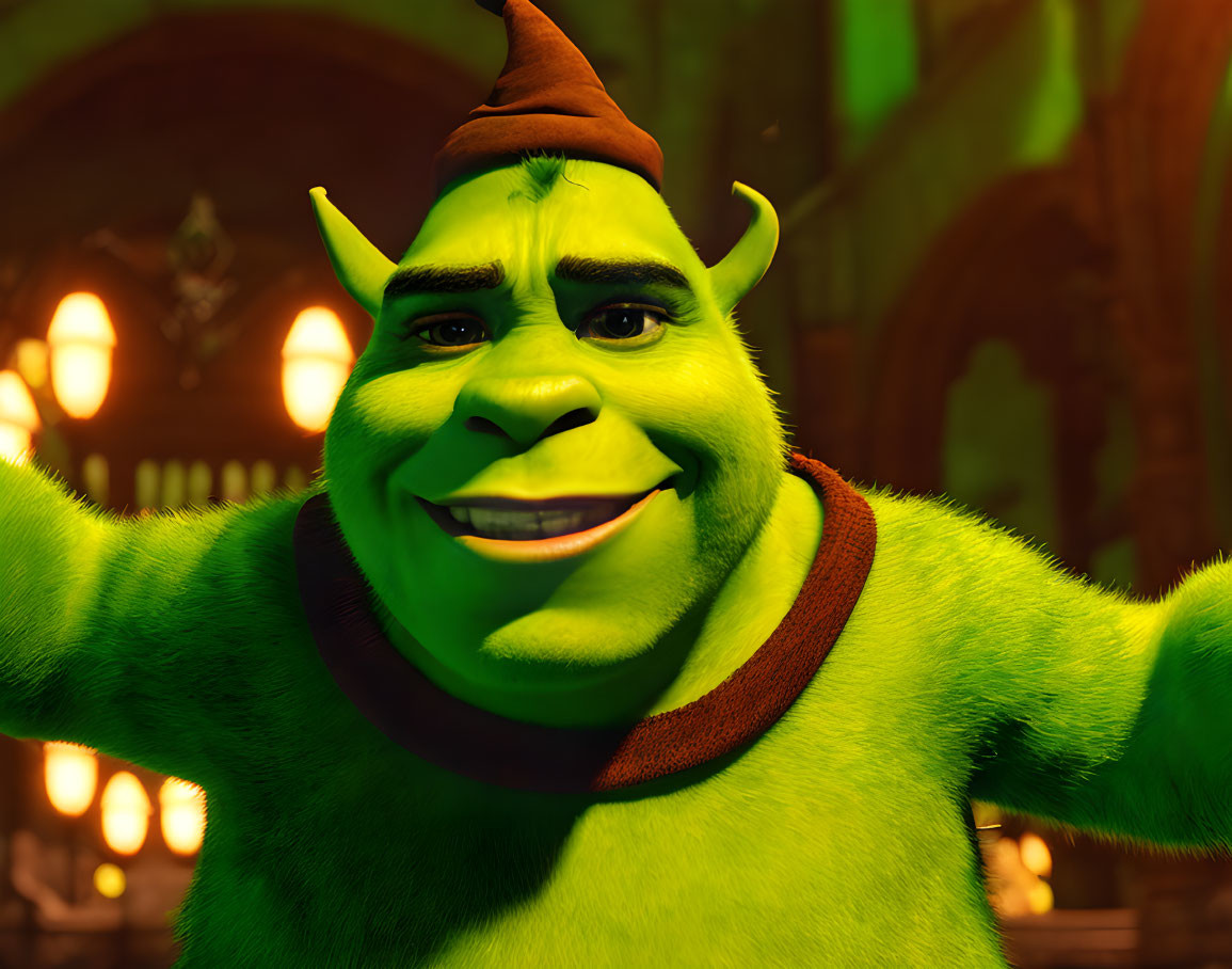 Friendly green ogre in dimly lit room with open arms