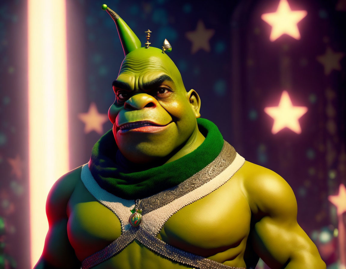 Animated green ogre in festive outfit against starry backdrop