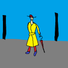 Stylized illustration of person in yellow dress walking with handbag against blue background