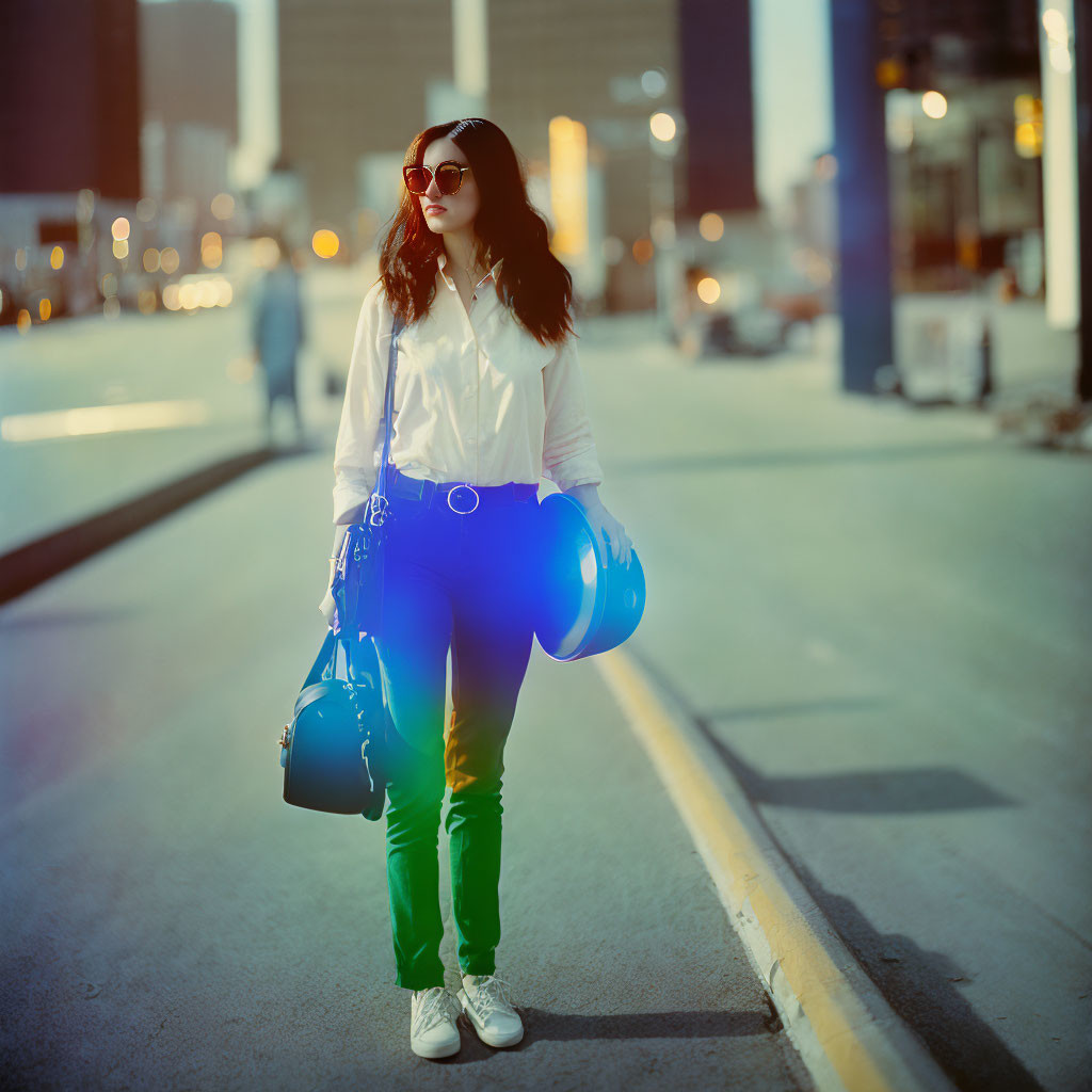 Fashionable woman in sunglasses, white blouse, green pants, and sneakers walking in urban setting with blue