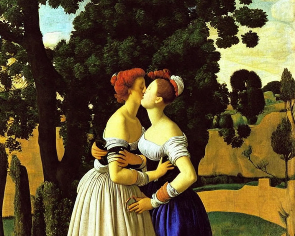 Renaissance women kissing in pastoral landscape