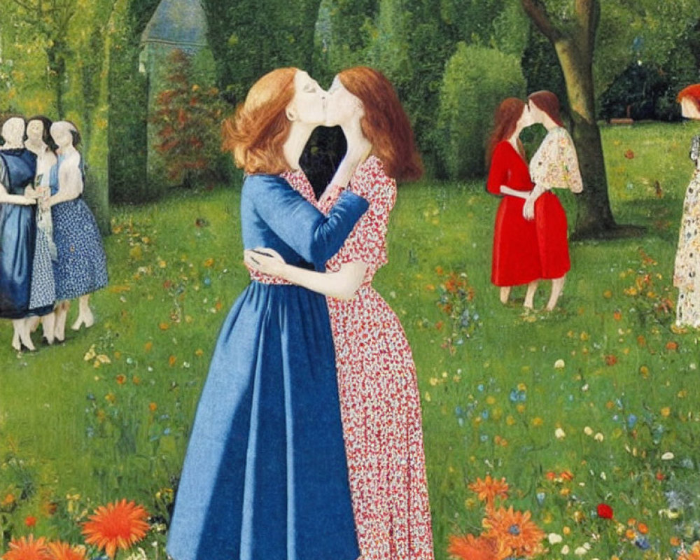 Two women embracing in a meadow with a group of people under a tree
