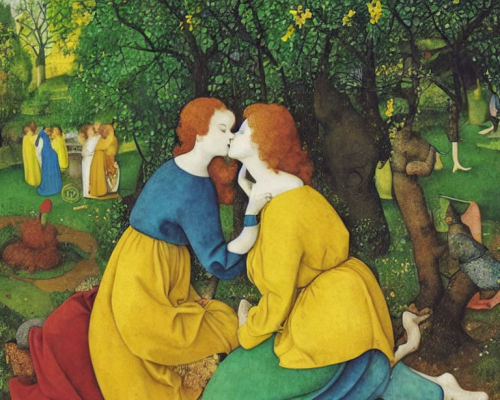 Medieval-themed painting: Two women kissing in garden