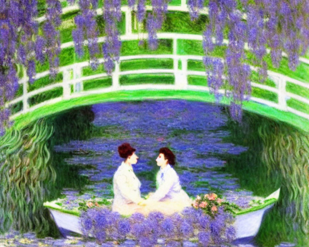 Impressionist-style painting of people in a boat under purple flowers and white bridge