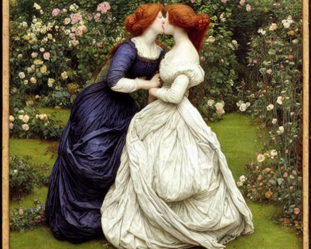 Vintage Dresses: Women Embrace & Kiss in Rose-Filled Garden