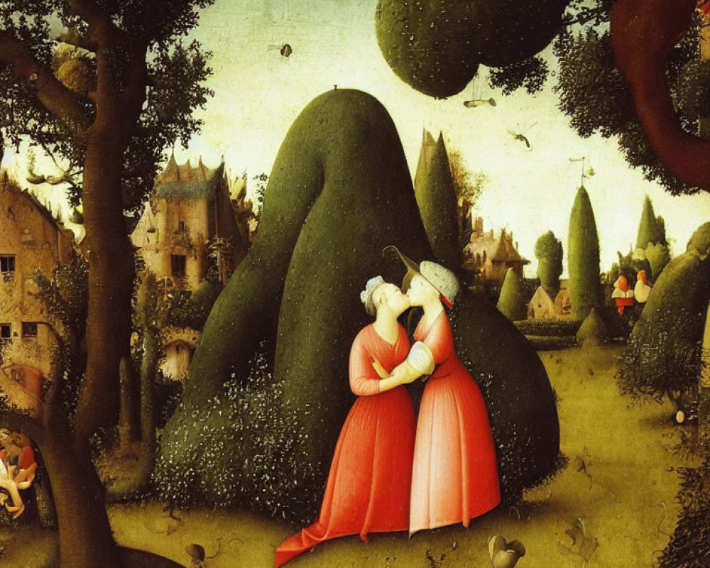 Renaissance painting of couple embracing in vegetal form landscape