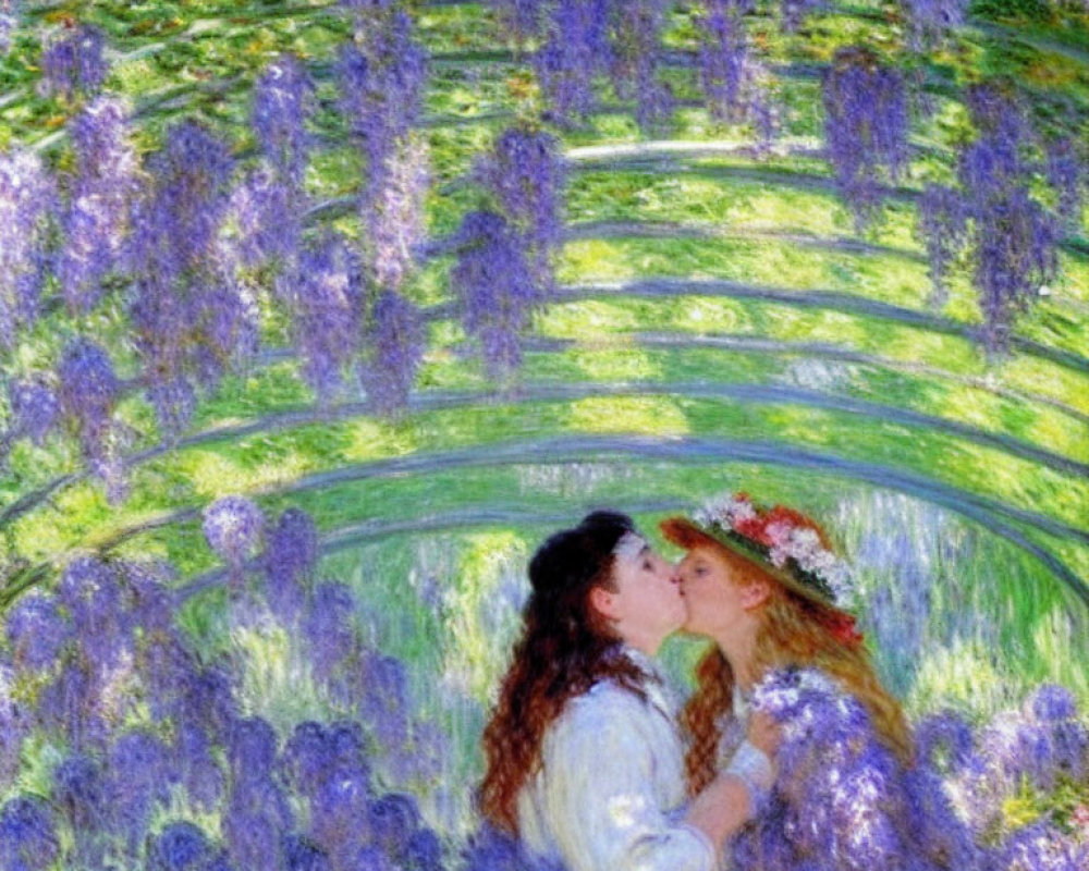 Two women kissing in lavender field painting with vibrant purple hues
