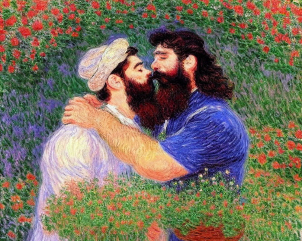 Bearded men embracing in field of red flowers, pointillist painting style