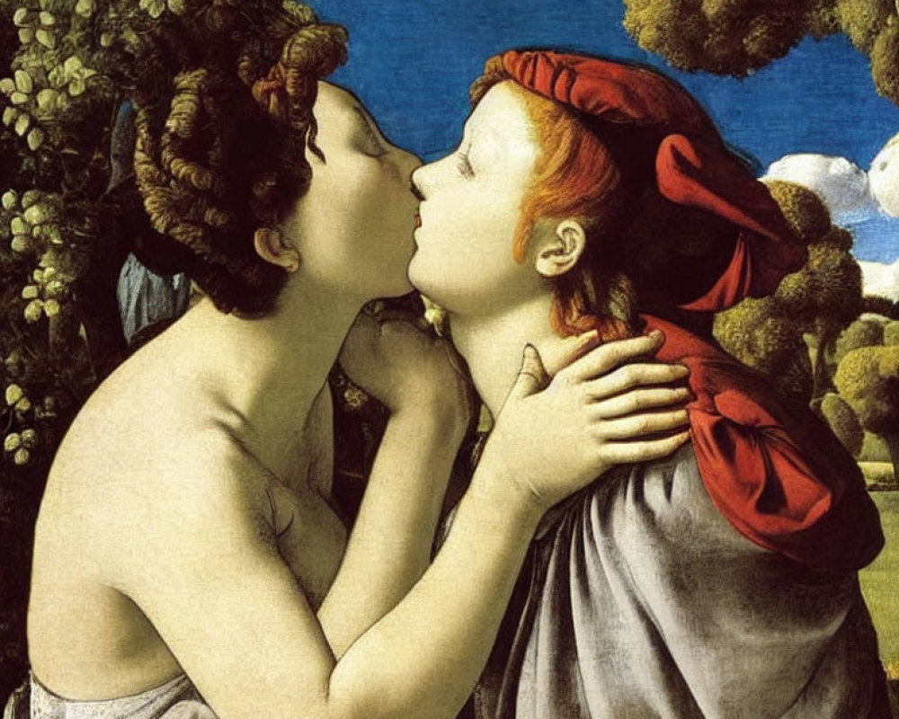 Figures kissing in pastoral landscape with red cap and gray cloak.