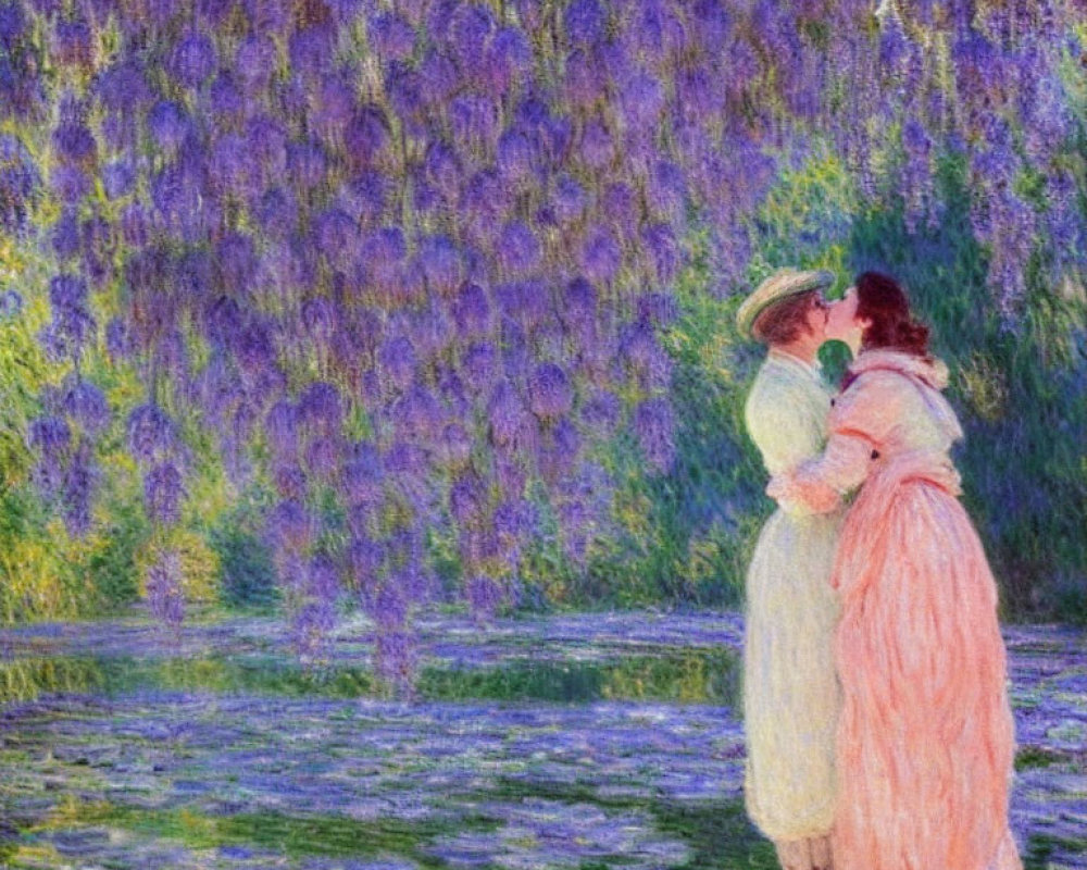 Two women in period attire under wisteria blooms by a pond in vivid strokes