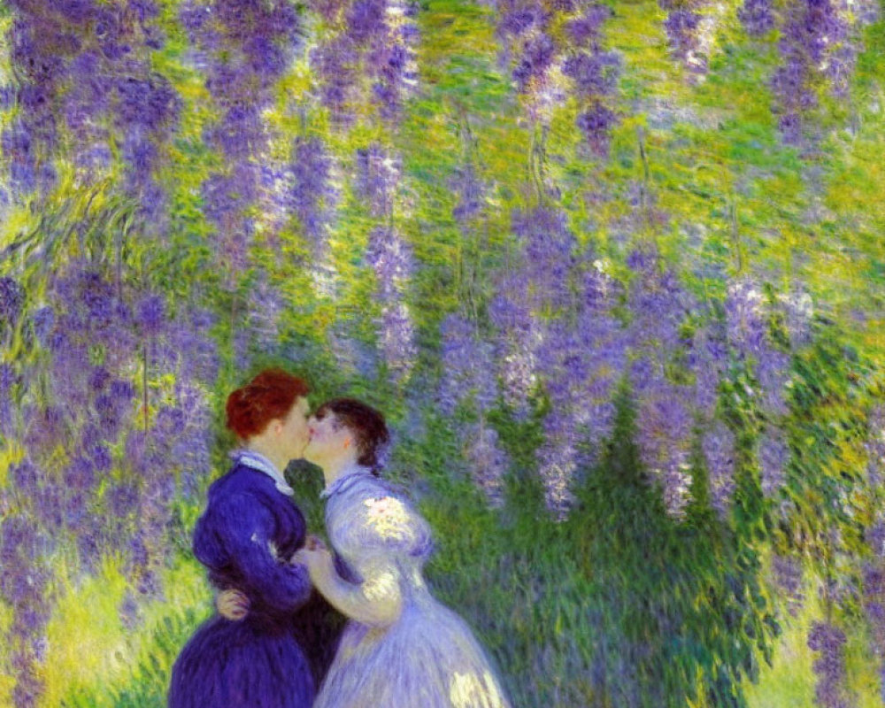 Impressionist painting of couple kissing among purple flowers