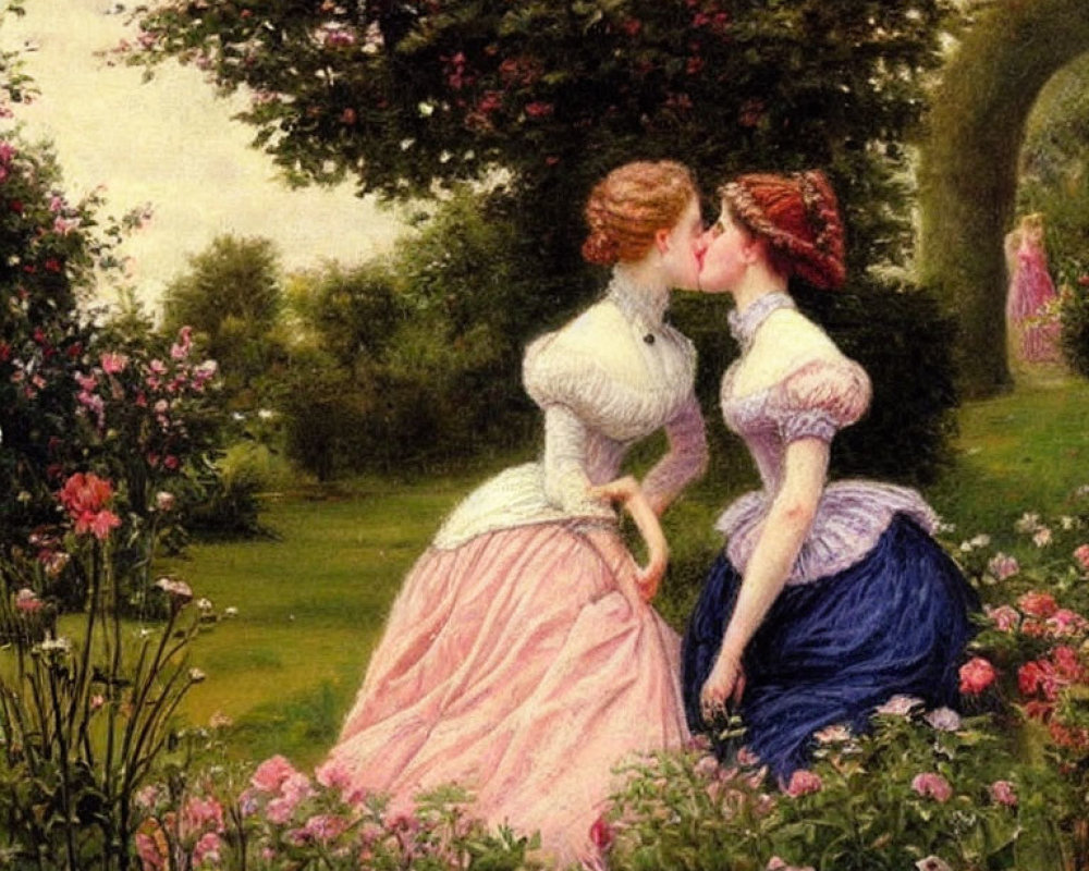 Victorian women kissing in blooming garden