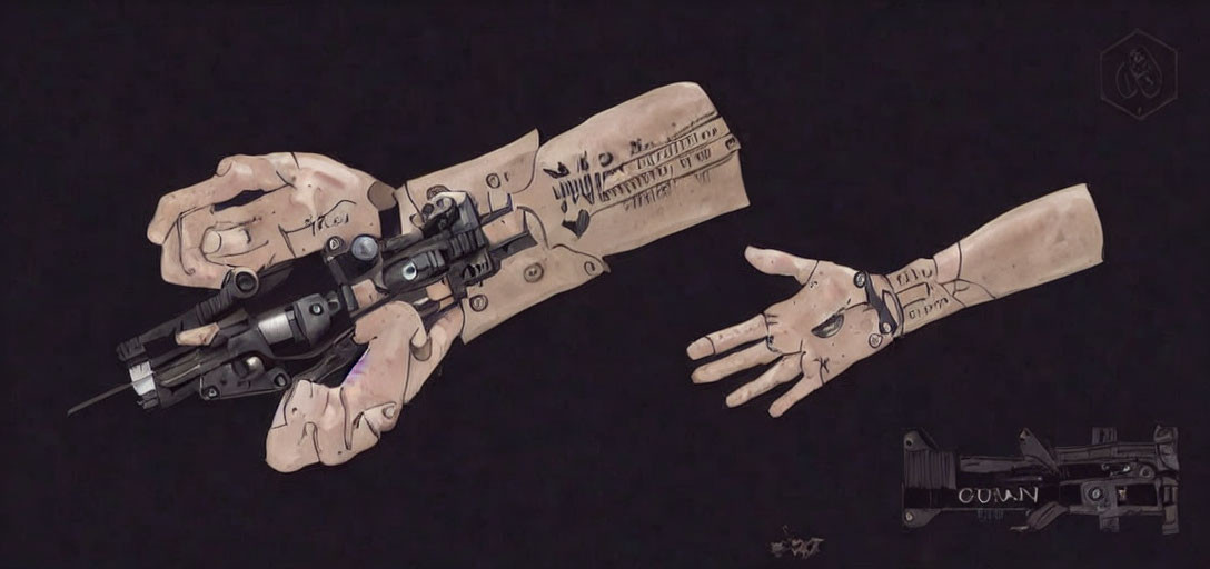 Sketch of futuristic firearm disassembled on hands, notes, dark background