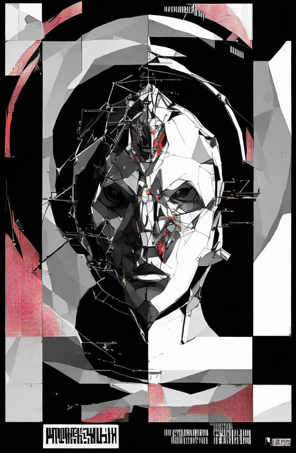 Monochromatic Abstract Digital Art: Fragmented Human-like Face with Geometric Shapes
